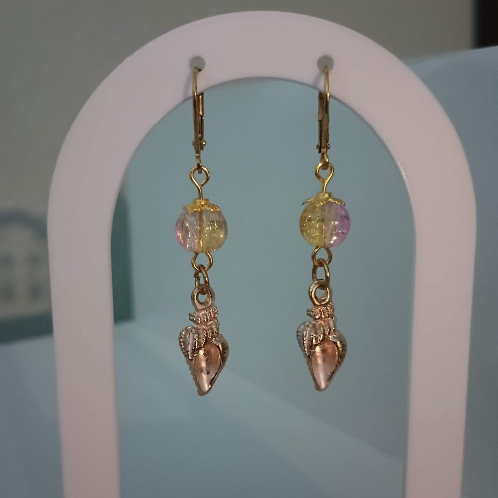 Pink and Gold Glass Crackle Bead Seashell Leverback Earrings Hand Crafted